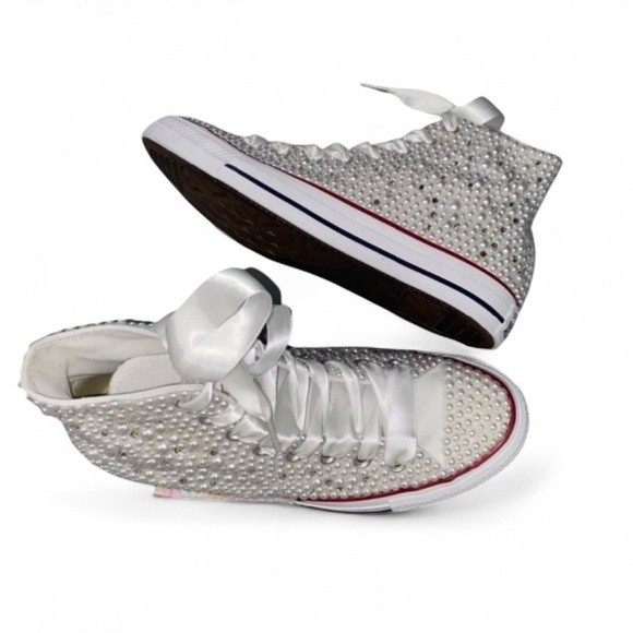 Crystal Diamonds & Pearls High Top Converse Sizes 5-14 New With Ribbon Laces - Picture 3 of 13